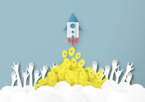 Vector illustration with start up concept in paper cut, craft and origami sty Stock Illustration