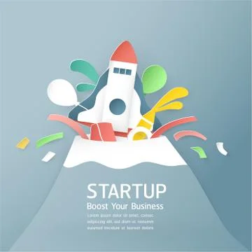 Vector illustration with start up concept in paper cut, craft and origami sty Stock Illustration
