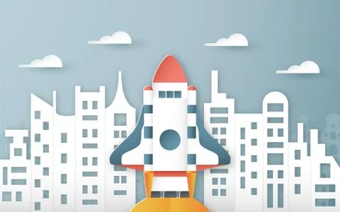 Vector illustration with start up concept in paper cut, craft and origami sty Stock Illustration