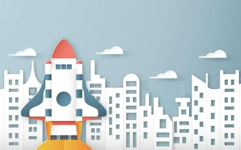 Vector illustration with start up concept in paper cut, craft and origami sty Stock Illustration