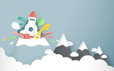 Vector illustration with start up concept in paper cut, craft and origami sty Stock Illustration