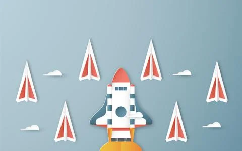 Vector illustration with start up concept in paper cut, craft and origami sty Illustrazione stock
