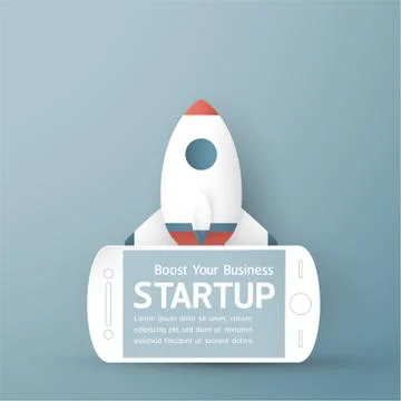 Vector illustration with start up concept in paper cut, craft and origami sty Stock Illustration