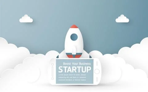 Vector illustration with start up concept in paper cut, craft and origami sty Stock Illustration