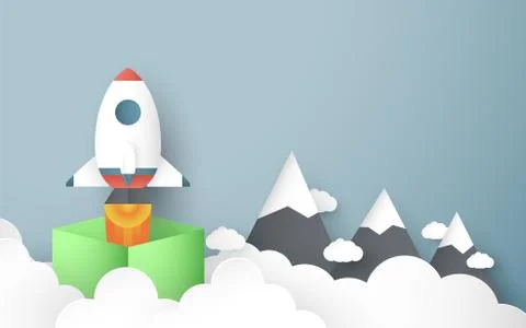 Vector illustration with start up concept in paper cut, craft and origami sty Stock Illustration