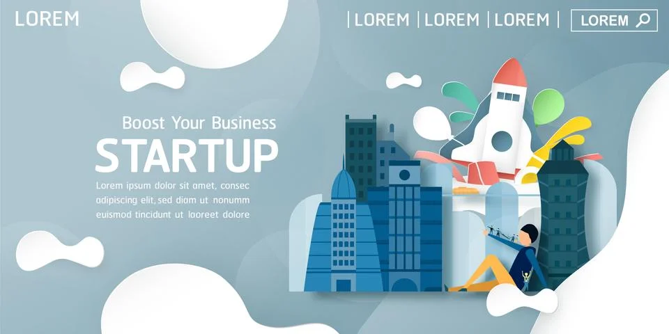 Vector illustration with start up concept in paper cut, craft and origami sty Stock Illustration