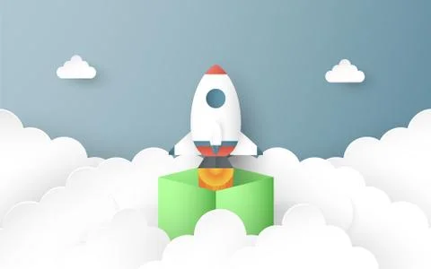 Vector illustration with start up concept in paper cut, craft and origami sty Stock Illustration