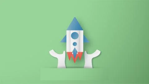 Vector illustration with start up concept in paper cut, craft and origami sty Illustrazione stock