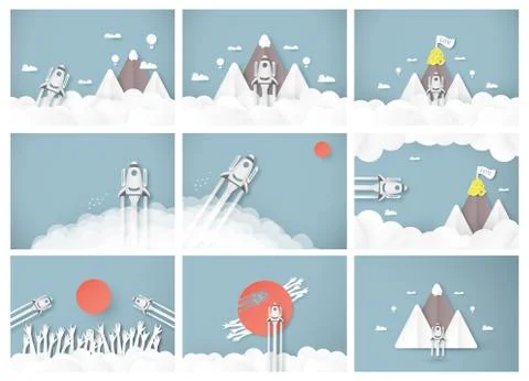 Vector illustration with start up concept in paper cut, craft and origami sty Stock Illustration