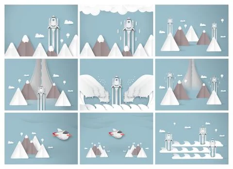 Vector illustration with start up concept in paper cut, craft and origami sty Stock Illustration