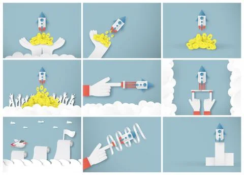 Vector illustration with start up concept in paper cut, craft and origami sty Stock Illustration