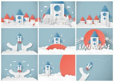 Vector illustration with start up concept in paper cut, craft and origami sty Stock Illustration