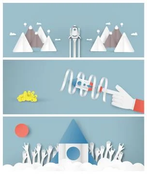 Vector illustration with start up concept in paper cut, craft and origami sty Stock Illustration