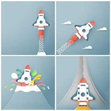 Vector illustration with start up concept in paper cut, craft and origami sty Stock Illustration