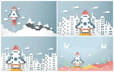 Vector illustration with start up concept in paper cut, craft and origami sty Stock Illustration