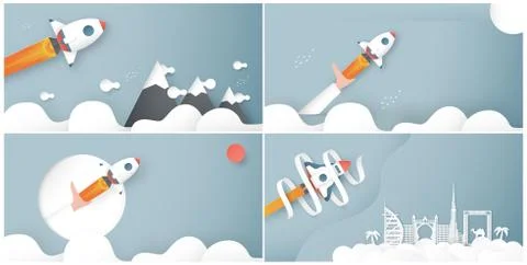 Vector illustration with start up concept in paper cut, craft and origami sty Illustrazione stock