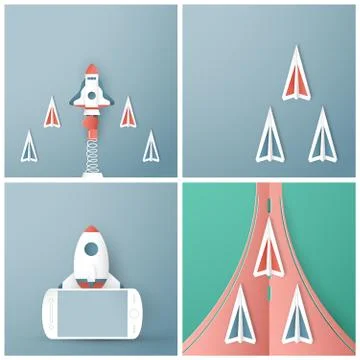 Vector illustration with start up concept in paper cut, craft and origami sty Stock Illustration