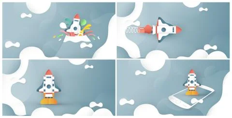 Vector illustration with start up concept in paper cut, craft and origami sty Stock Illustration