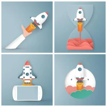 Vector illustration with start up concept in paper cut, craft and origami sty Stock Illustration