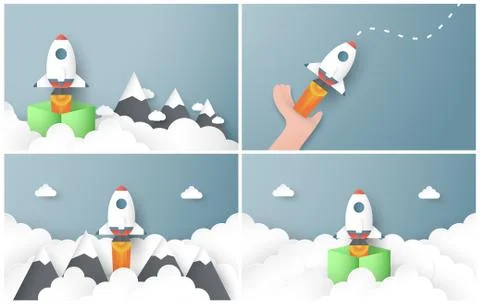 Vector illustration with start up concept in paper cut, craft and origami sty Stock Illustration