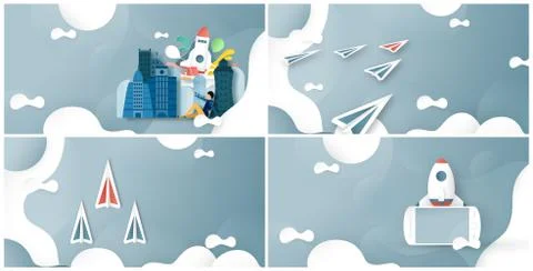 Vector illustration with start up concept in paper cut, craft and origami sty Stock Illustration