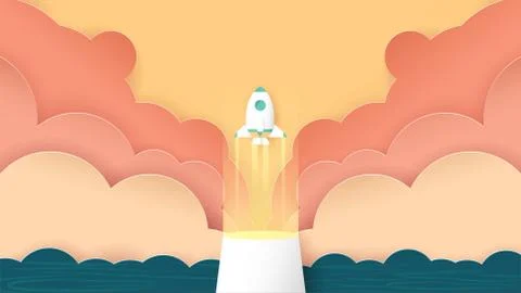 Vector illustration with start up concept in paper cut, craft and origami sty Stock Illustration