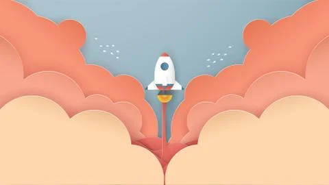 Vector illustration with start up concept in paper cut, craft and origami sty Illustrazione stock