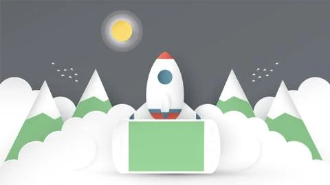 Vector illustration with start up concept in paper cut, craft and origami sty Stock Illustration