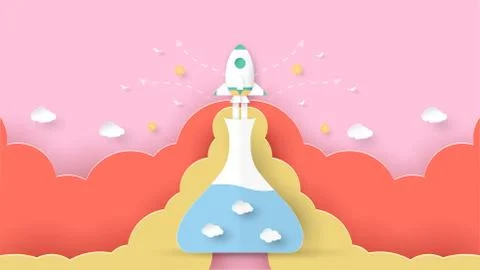 Vector illustration with start up concept in paper cut, craft and origami sty Stock Illustration