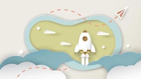 Vector illustration with start up concept in paper cut, craft and origami sty Stock Illustration