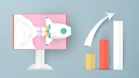 Vector illustration with start up concept in paper cut, craft and origami sty Stock Illustration