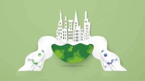 Vector illustration with start up concept in paper cut, craft and origami sty Illustrazione stock