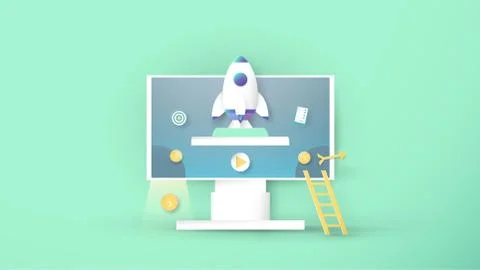 Vector illustration with start up concept in paper cut, craft and origami sty Stock Illustration