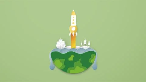 Vector illustration with start up concept in paper cut, craft and origami sty Stock Illustration