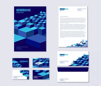 Vector illustration of stationery with sheet, folder, envelope, business cards Stockillustratie