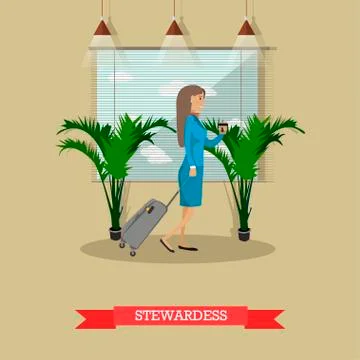 Vector illustration of stewardess with baggage in flat style Stock Illustration
