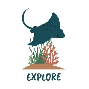 Vector illustration of a stingray swimming over coral reef with seaweed Stock Illustration