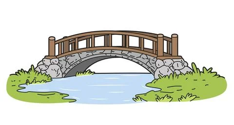Vector illustration of a stone bridge over a river in a cartoon, outlined s.. Stock Illustration