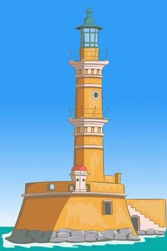 Vector illustration of stone lighthouse in Chania, Greece. Stock Illustration
