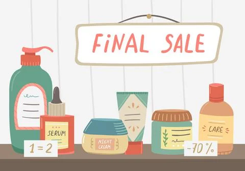 Vector illustration of a store counter with discounts on cosmetics. Promotion Stock-Illustration