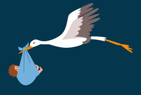 Vector illustration of stork in flight with child in flat style, Stock Illustration
