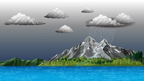 Vector Illustration of Stormy Mountain Landscape with Rain and Lake Stock Illustration