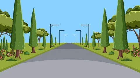 Vector Illustration of a Straight Road Lined with Cypress Trees 스톡 일러스트