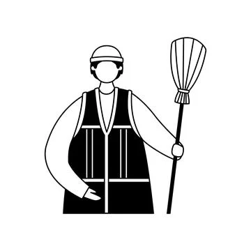 Vector illustration of a street sweeper in a reflective vest with a broom. Pr Stock-Illustration
