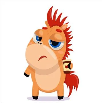 Vector illustration of a stressed horse drinking coffee. Horse, character, 2026, Stock Illustration