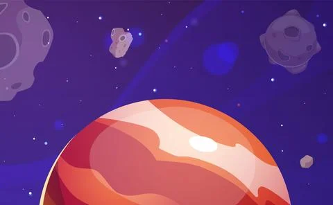 Vector illustration with a striped planet, meteorites with craters on a Illustrazione stock
