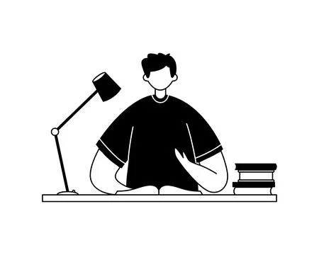 Vector illustration of a student doing homework at a table with books. Profes Stock-Illustration
