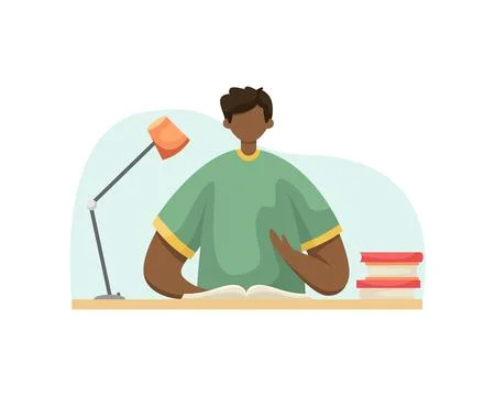 Vector illustration of a student doing homework at a table with books. Profes Illustrazione stock
