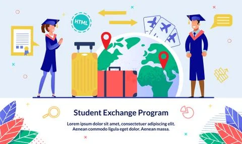 Vector Illustration Student Exchange Program. Guy and Girl with Suitcases Uni Stock Illustration