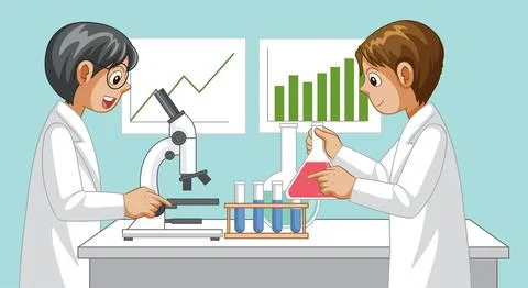 Vector illustration of students in white coats using laboratory equipment for イラスト素材